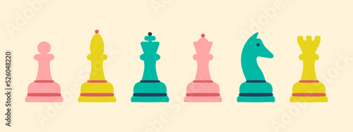 Colourful chess pieces set. Rows of queen, king, bishop, rook, horse and pawn. Modern figures of boardgame. Chessmen of chessboard. Hand drawn vector illustration.