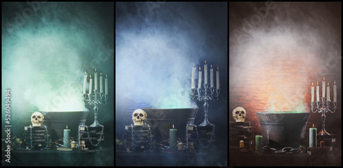 Fotografie, Obraz Scary old skull and candles on ancient gothic fireplace