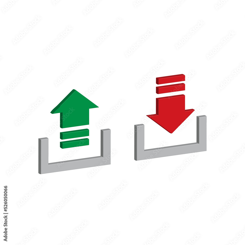 vector illustration of 3D icons of upload and download symbols, up and down arrows, red and green colors.