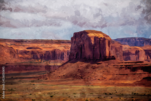 Digitally created watercolor painting of a single gigantic butte in Monument Valley,