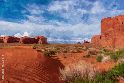 Digitally created watercolor painting of a tranquil southwest scene with totem pole in the distance in Monument Valley.