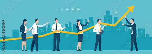 Together for success. A group of business people lifting a business curve. Business vector illustration.
