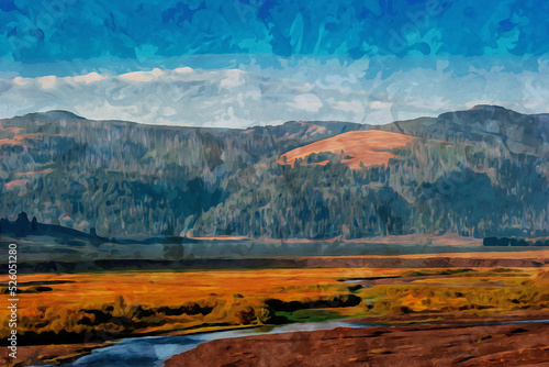 Digitally created watercolor painting of the Lamar River in Lamar Valley in Yellowstone National Park.