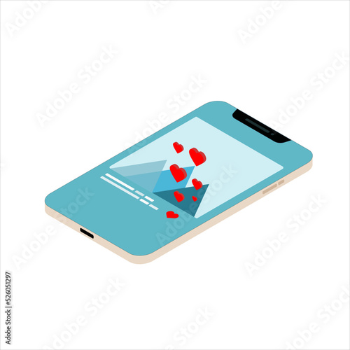 Isometric like icon on smartphone screen, page, social media symbol. Simple, flat design on white background. Digital marketing.