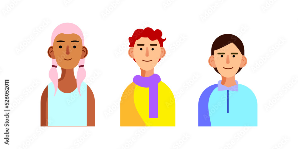 Vector illustration of Three people. A swarthy girl with pink pigtails in a T-shirt, a man with orange curls in a scarf and a yellow jacket, a guy with a haircut like a tie. Drawn style Vector illustration of Three people. A swarthy girl with pink pigtails in a T-shirt, a man with orange curls in a scarf and a yellow jacket, a guy with a haircut like a tie. Drawn style