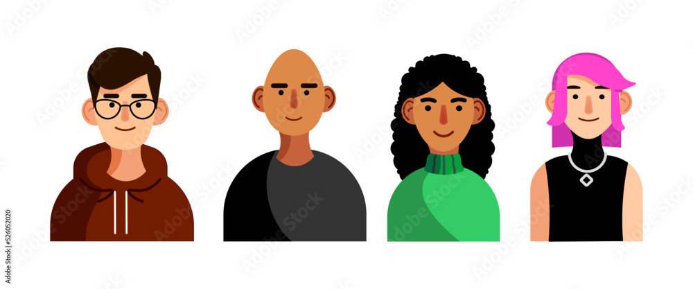 Vector illustration of four people. A guy with glasses in a sweatshirt, a bald man in a black T-shirt, a curly dark-haired girl with pink hair in a dress with a pendant. Drawn style Vector illustration of four people. A guy with glasses in a sweatshirt, a bald man in a black T-shirt, a curly dark-haired girl with pink hair in a dress with a pendant. Drawn style