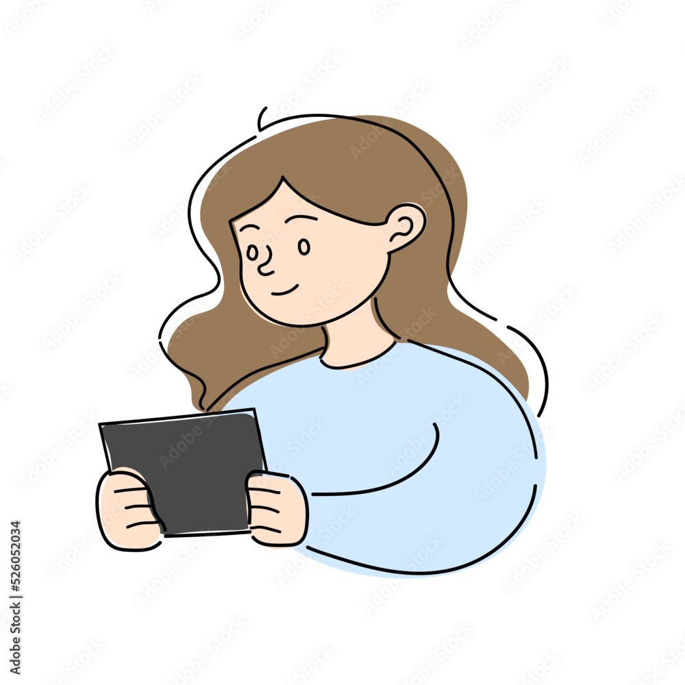 Vector illustration of a girl with lush brown hair in a blue sweater plays games on a tablet. Holds a photograph. Drawing on a tablet. Flat style. People concept. Vector illustration of a girl with lush brown hair in a blue sweater plays games on a tablet. Holds a photograph. Drawing on a tablet. Flat style. People concept.