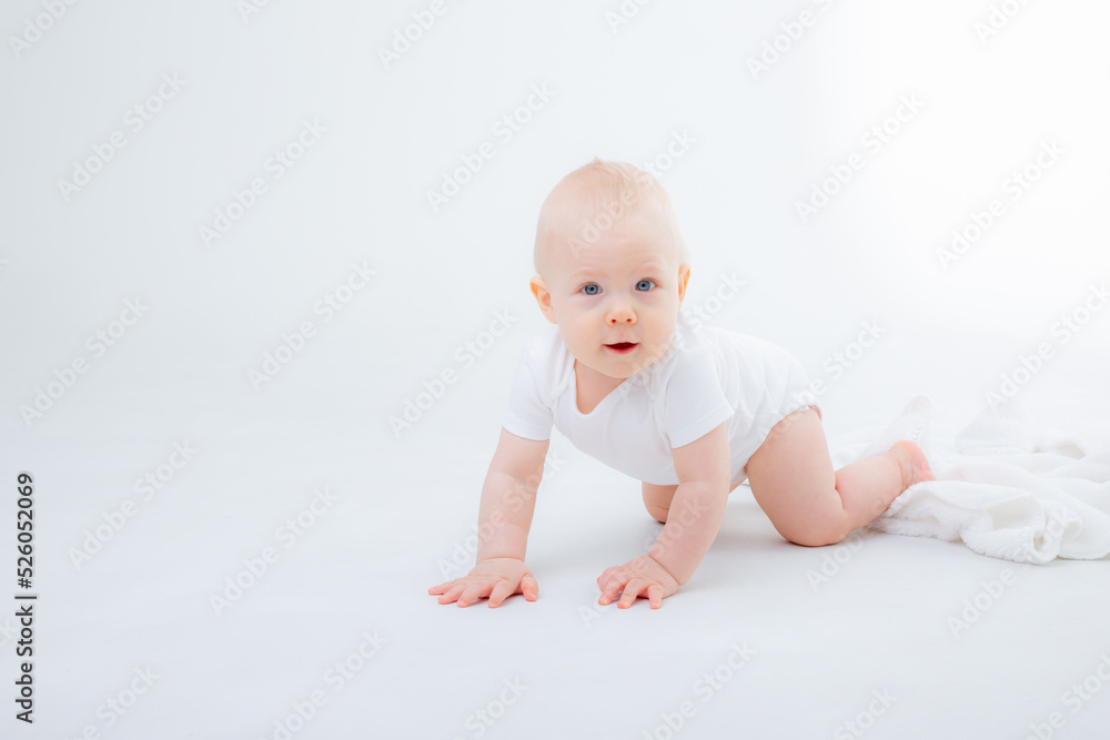 baby boy in a white bodysuit crawling on a white background baby boy in a white bodysuit crawling on a white background