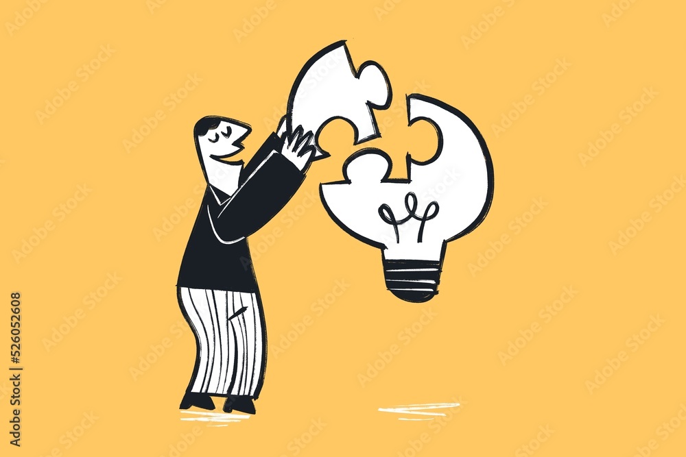 Fotografie Comic strip cartoony style funny - Lightbulb puzzle missing piece, problem solve