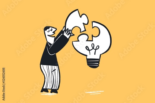 Canvastavla Comic strip cartoony style funny - Lightbulb puzzle missing piece, problem solve