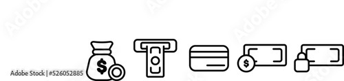 Banking set icon. Card, credit card, debit, contactless payment, ATM, cash, cashback, check, report, calculator. Money concept. Vector line icon for Business and Advertising