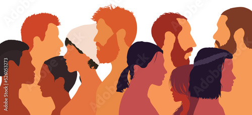 Several people talking, diverse in age and ethnicity. Multiple exposures and a variety of people talking. Flat cartoon vector illustration.