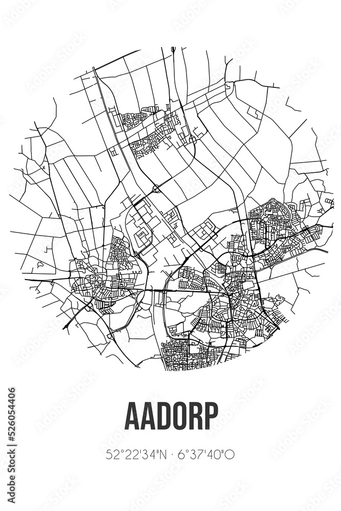 Abstract street map of Aadorp located in Overijssel municipality of Almelo. City map with lines