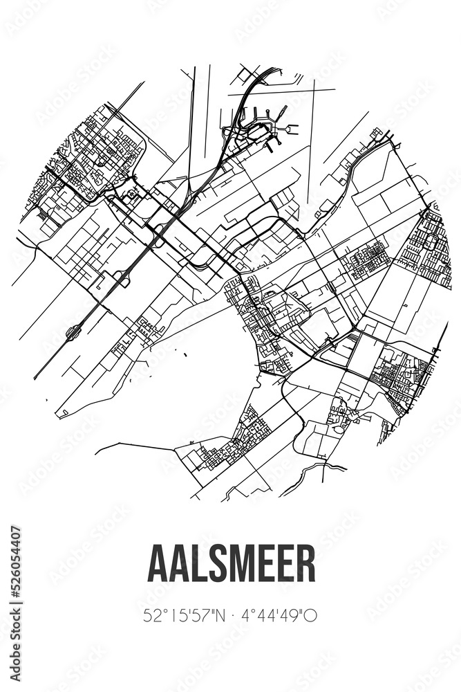 Abstract street map of Aalsmeer located in Noord-Holland municipality of Aalsmeer. City map with lines