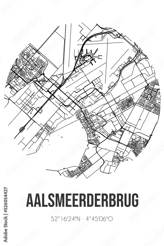 Abstract street map of Aalsmeerderbrug located in Noord-Holland municipality of Haarlemmermeer. City map with lines