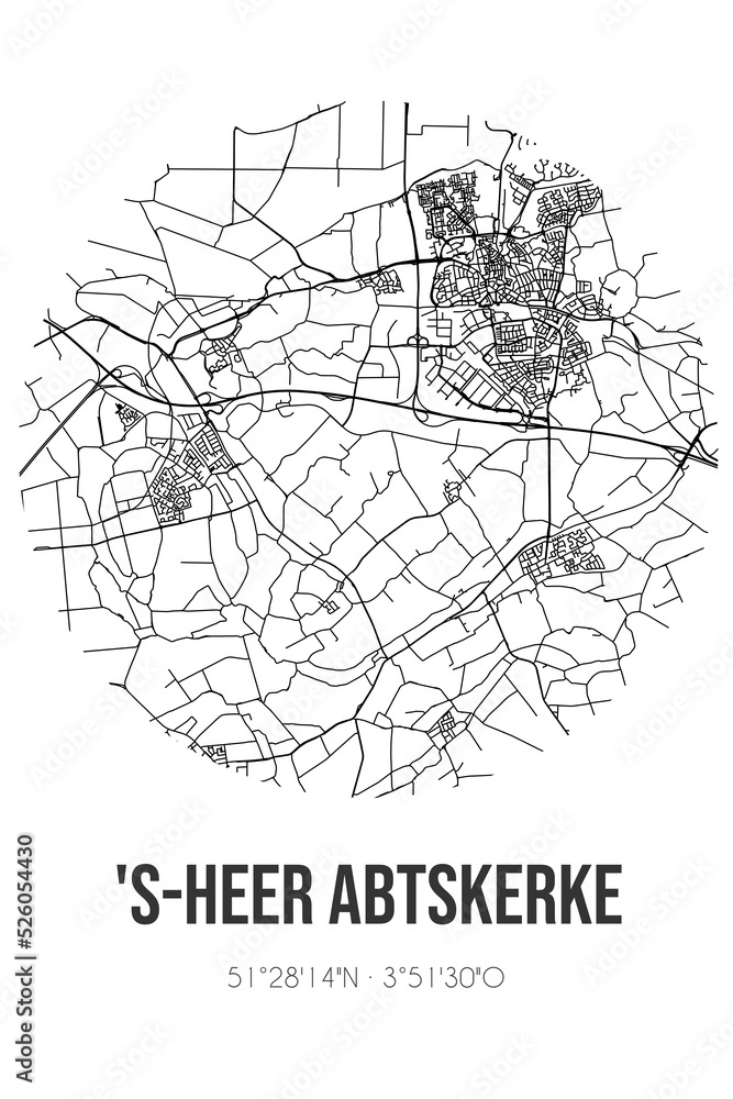 Abstract street map of 's-Heer Abtskerke located in Zeeland municipality of Borsele. City map with lines