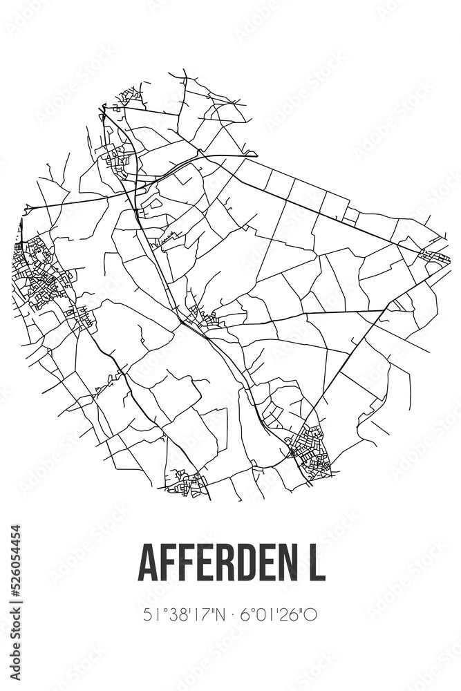 Abstract street map of Afferden L located in Limburg municipality of Bergen(L.). City map with lines
