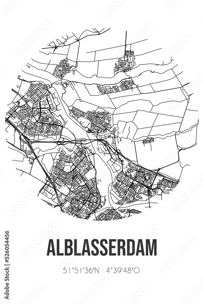 Abstract street map of Alblasserdam located in Zuid-Holland municipality of Alblasserdam. City map with lines