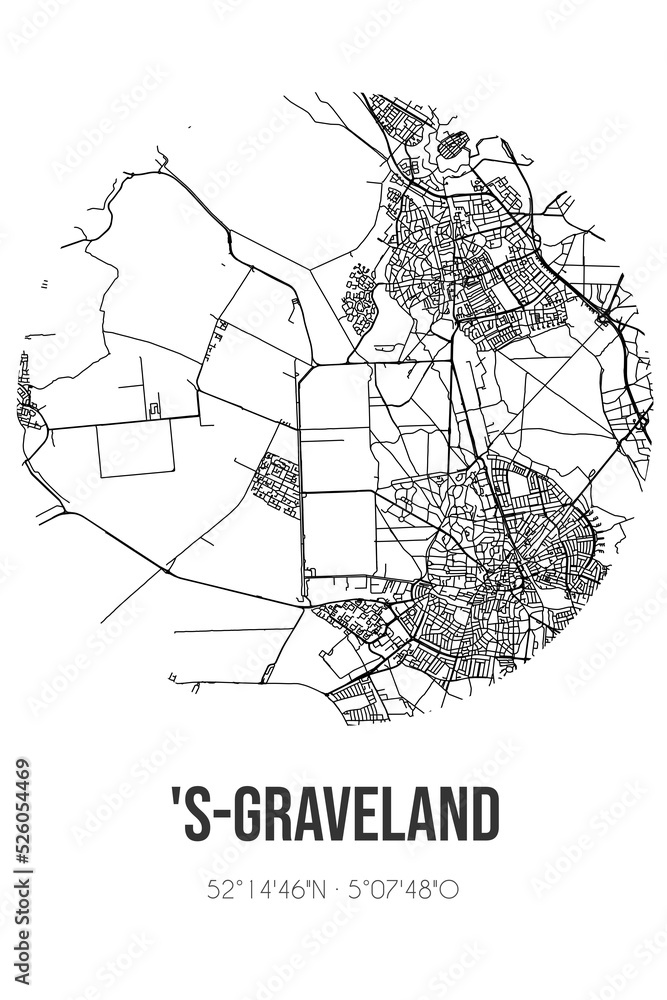 Abstract street map of 's-Graveland located in Noord-Holland municipality of Wijdemeren. City map with lines Abstract street map of 's-Graveland located in Noord-Holland municipality of Wijdemeren. City map with lines