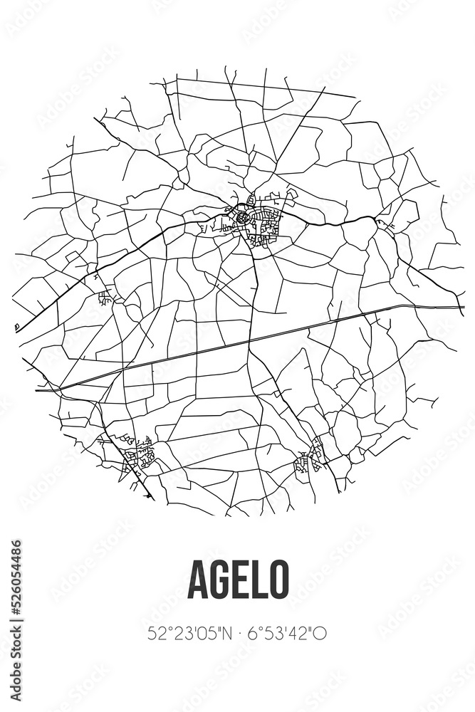 Abstract street map of Agelo located in Overijssel municipality of Dinkelland. City map with lines