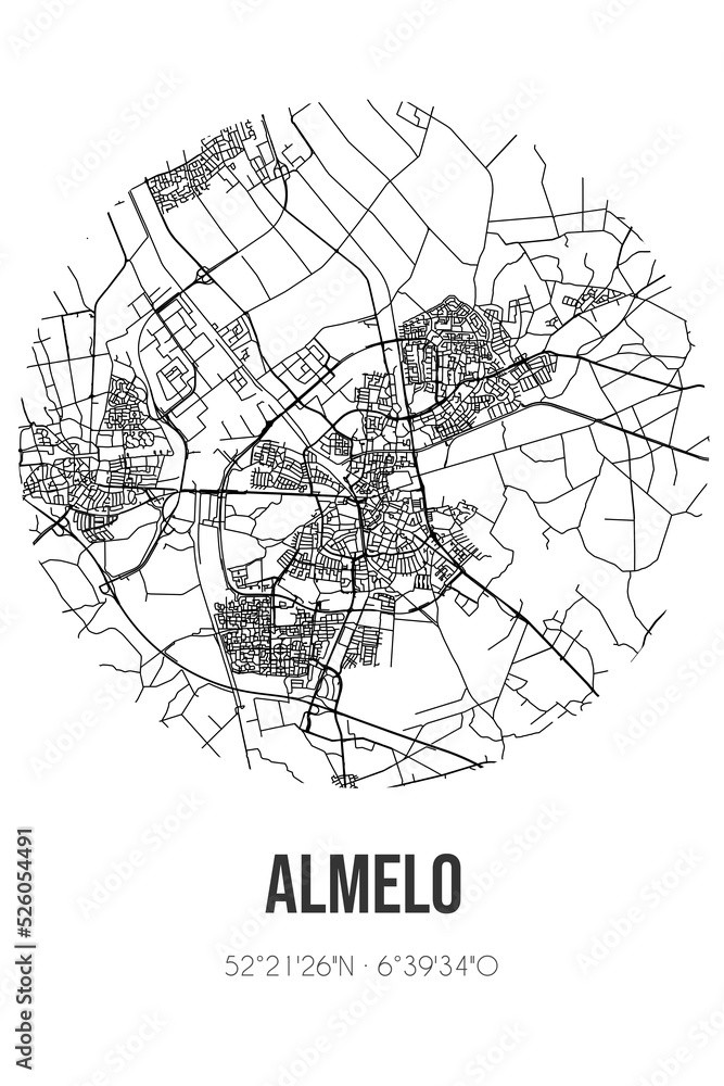 Abstract street map of Almelo located in Overijssel municipality of Almelo. City map with lines