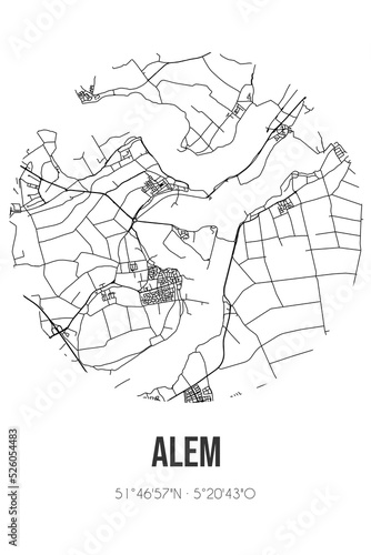 Abstract street map of Alem located in Gelderland municipality of Maasdriel. City map with lines