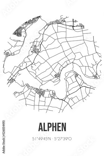 Abstract street map of Alphen located in Gelderland municipality of West Maas en Waal. City map with lines