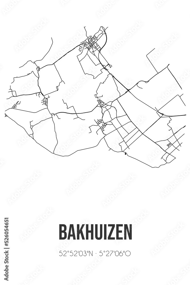 Abstract street map of Bakhuizen located in Fryslan municipality of De Fryske Marren. City map with lines