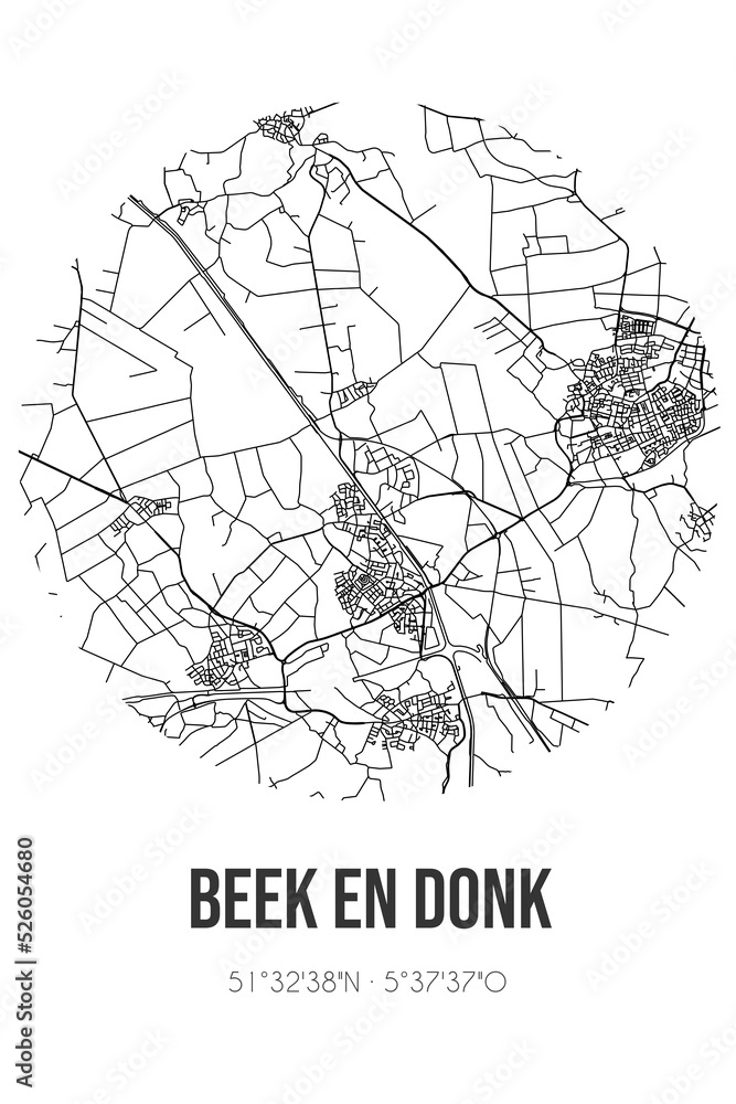 Abstract street map of Beek en Donk located in Noord-Brabant municipality of Laarbeek. City map with lines