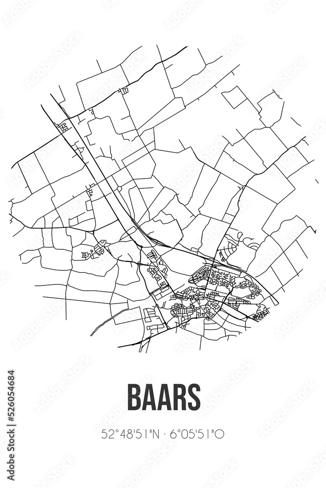Abstract street map of Baars located in Overijssel municipality of Steenwijkerland. City map with lines
