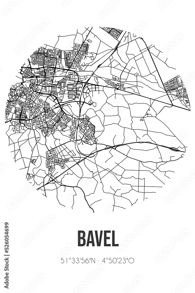 Abstract street map of Bavel located in Noord-Brabant municipality of Breda. City map with lines