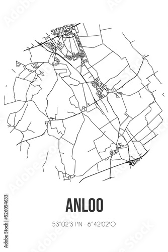 Abstract street map of Anloo located in Drenthe municipality of Aa en Hunze. City map with lines