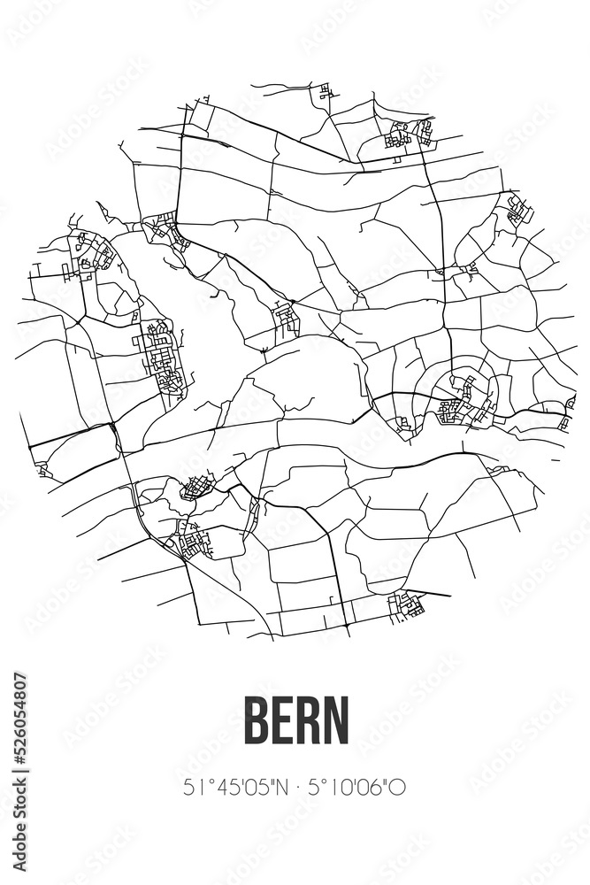 Abstract street map of Bern located in Gelderland municipality of Zaltbommel. City map with lines