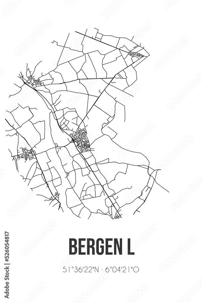 Abstract street map of Bergen L located in Limburg municipality of Bergen(L.). City map with lines