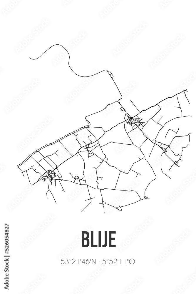 Abstract street map of Blije located in Fryslan municipality of Noardeast-Fryslan. City map with lines