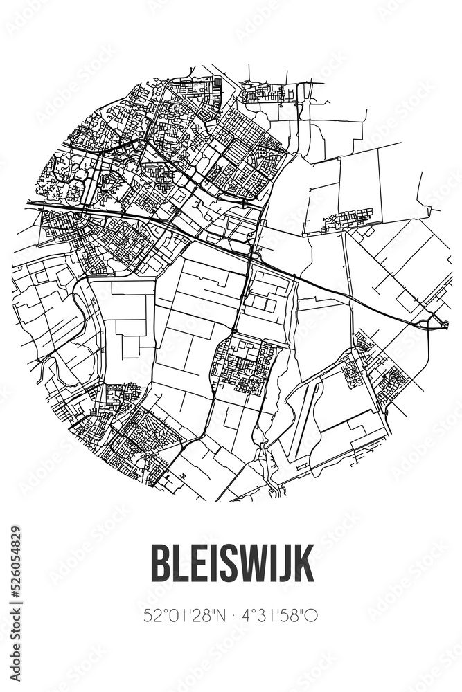 Abstract street map of Bleiswijk located in Zuid-Holland municipality of Lansingerland. City map with lines