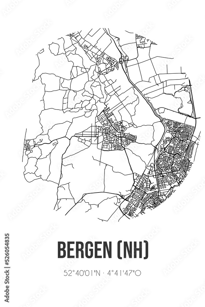Abstract street map of Bergen (NH) located in Noord-Holland municipality of Bergen(NH.). City map with lines