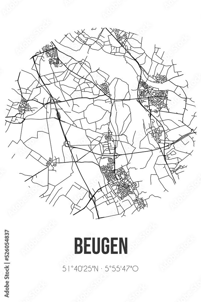 Abstract street map of Beugen located in Noord-Brabant municipality of Boxmeer. City map with lines