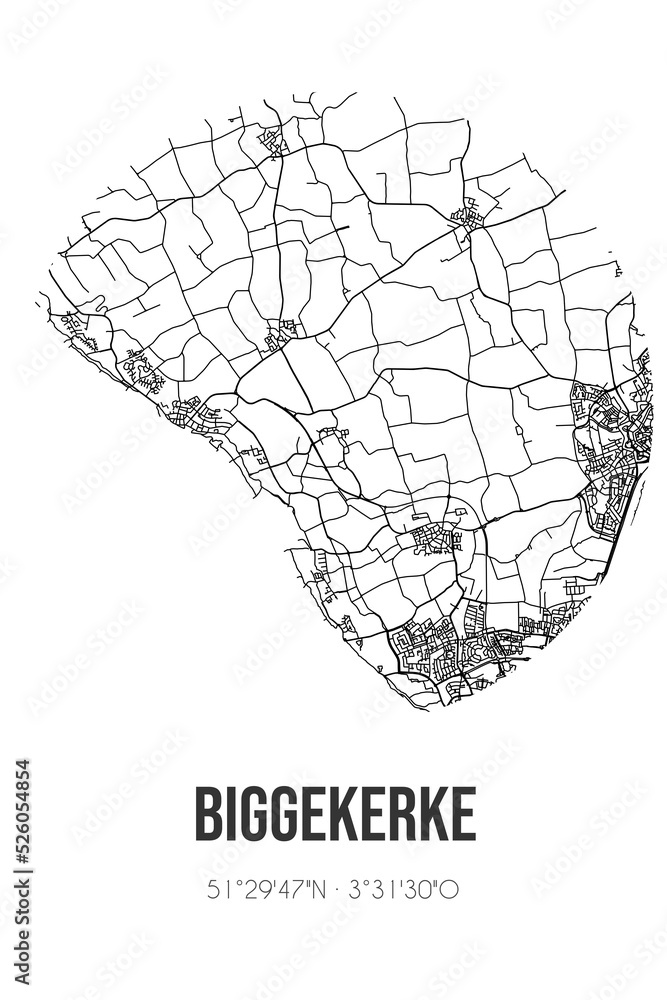 Abstract street map of Biggekerke located in Zeeland municipality of Veere. City map with lines