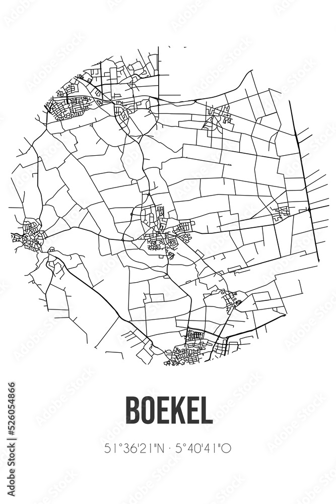 Abstract street map of Boekel located in Noord-Brabant municipality of Boekel. City map with lines