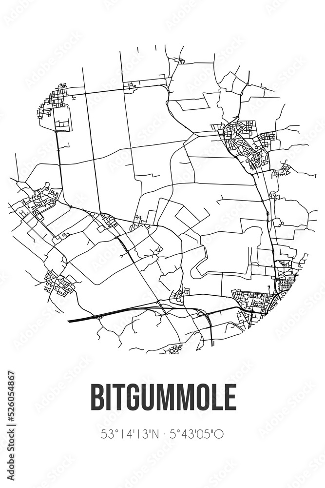 Abstract street map of Bitgummole located in Fryslan municipality of Waadhoeke. City map with lines