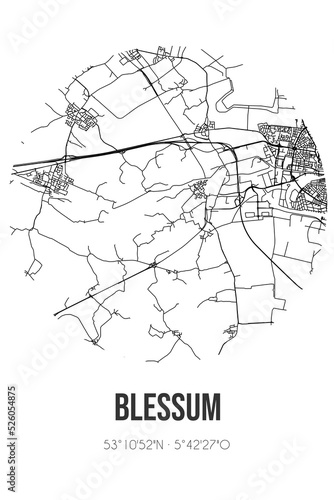 Abstract street map of Blessum located in Fryslan municipality of Waadhoeke. City map with lines