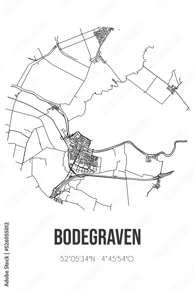 Abstract street map of Bodegraven located in Zuid-Holland municipality of Bodegraven-Reeuwijk. City map with lines