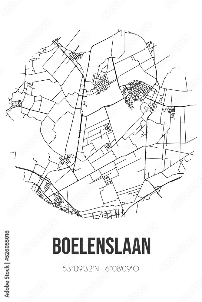Abstract street map of Boelenslaan located in Fryslan municipality of Achtkarspelen. City map with lines
