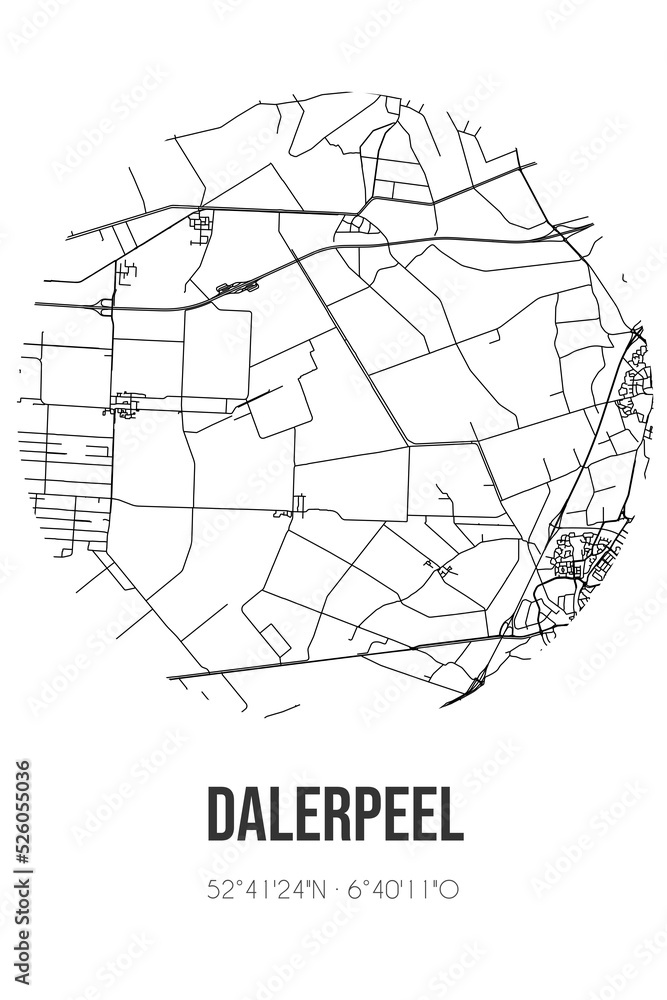 Abstract street map of Dalerpeel located in Drenthe municipality of Coevorden. City map with lines