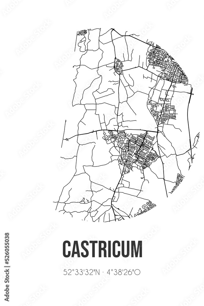 Abstract street map of Castricum located in Noord-Holland municipality of Castricum. City map with lines