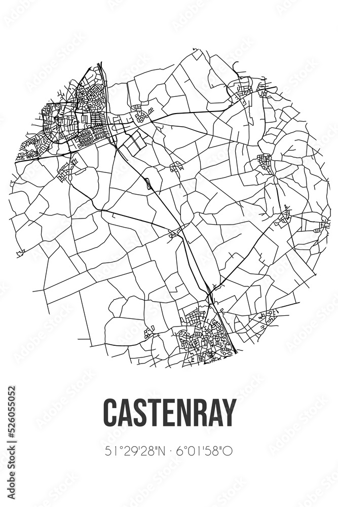 Abstract street map of Castenray located in Limburg municipality of Venray. City map with lines