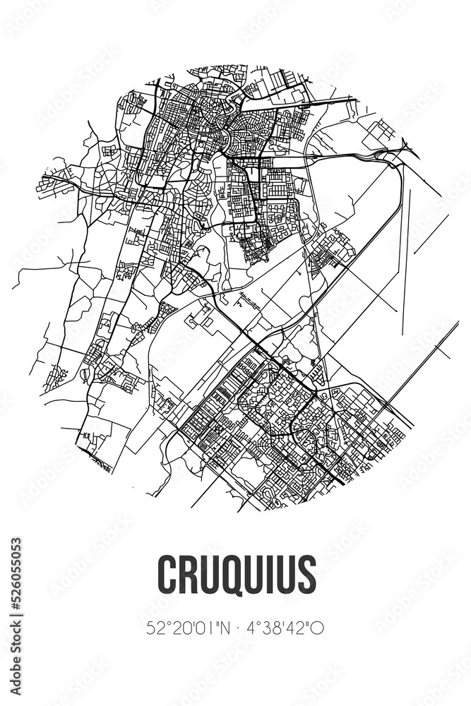 Abstract street map of Cruquius located in Noord-Holland municipality of Haarlemmermeer. City map with lines
