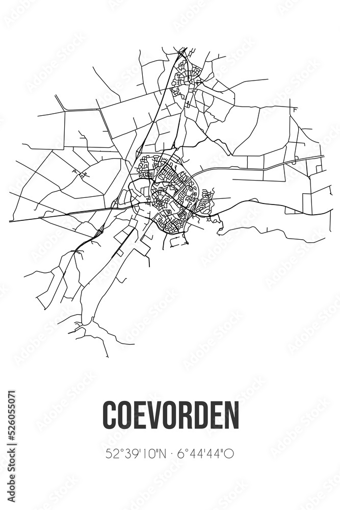 Abstract street map of Coevorden located in Drenthe municipality of Coevorden. City map with lines