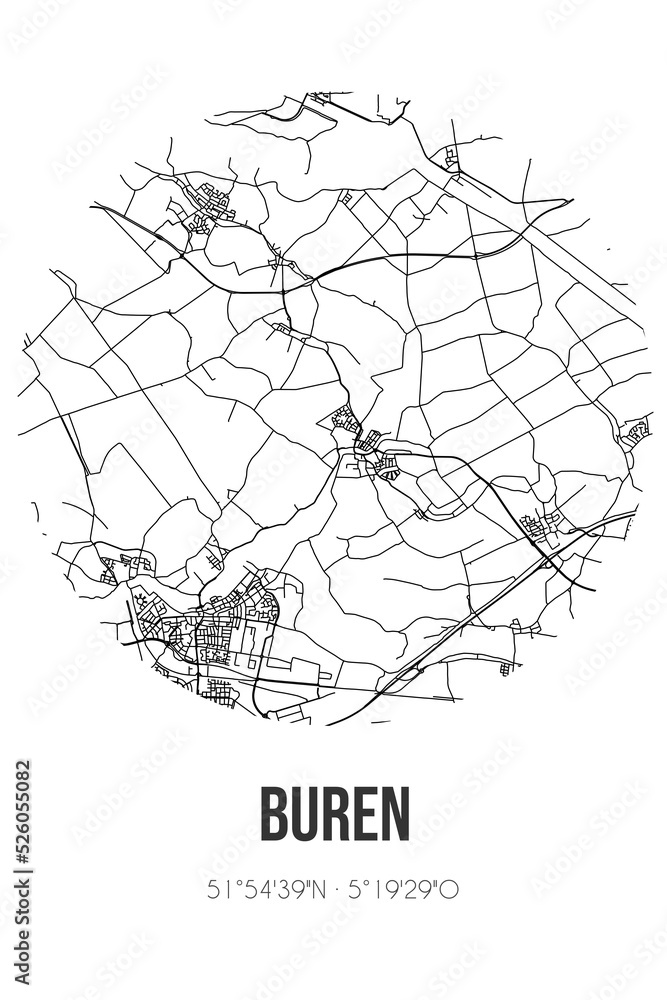 Abstract street map of Buren located in Gelderland municipality of Buren. City map with lines